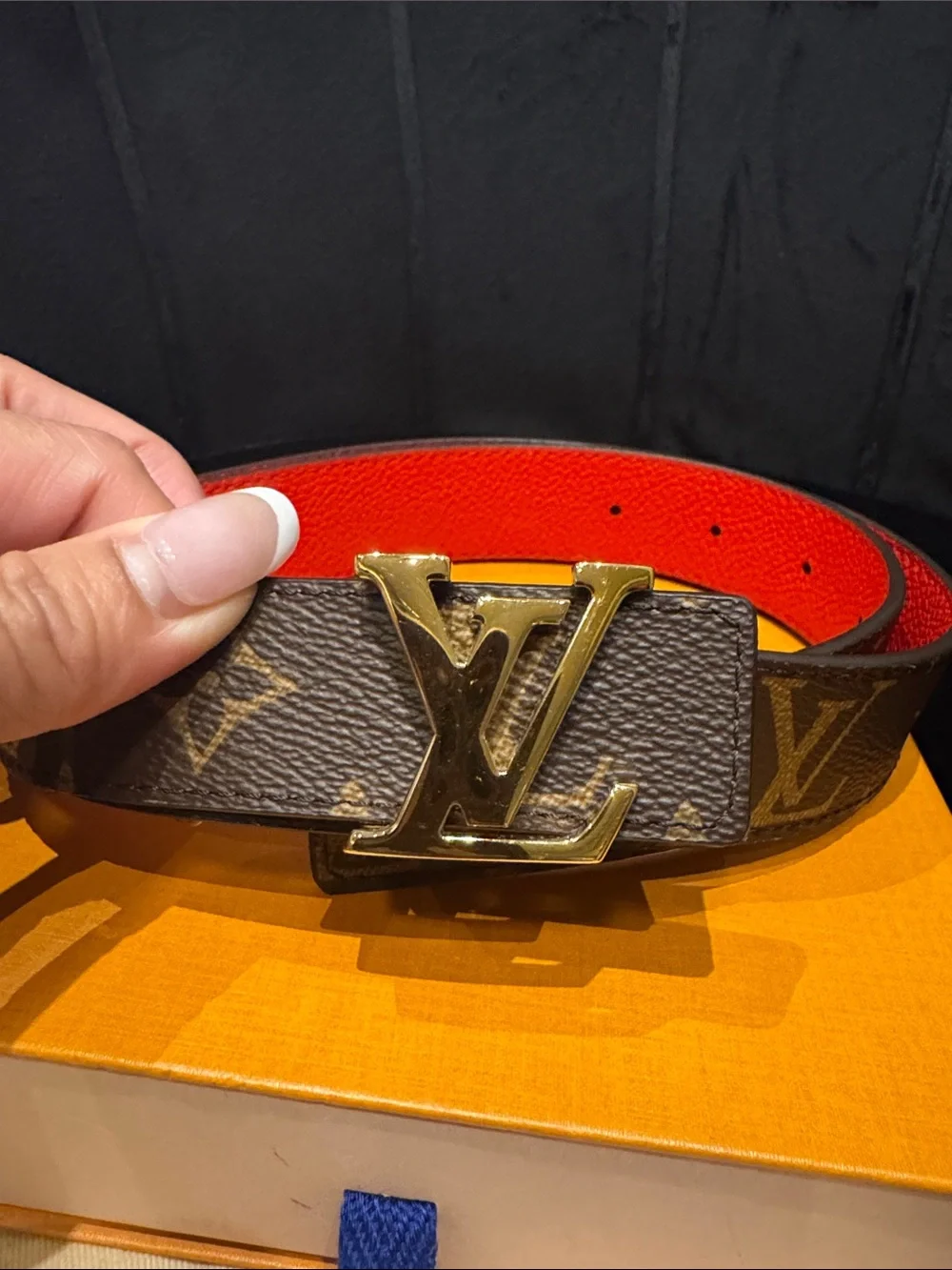Louis Vuitton Monogram reversible Belt with Red Interior and Gold LV Buckle